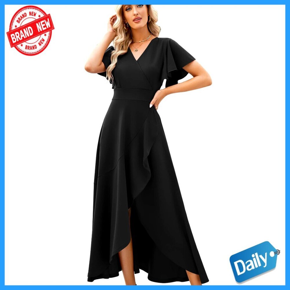 Elegant Formal Gown V-Neck Wrap Ruffle Sleeves Split Hem Evening Party Dress